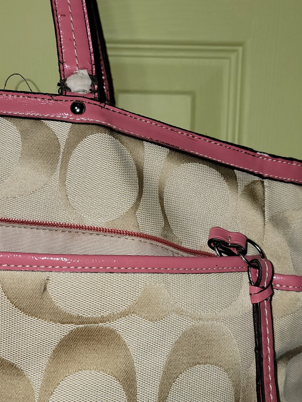 Coach Beige Signature Canvas Tote with Pink Trim, Outside Of Bag ,Badly Stained